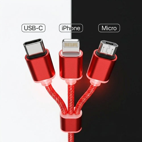 Light your way

LED Cable
3-in-1 ⚡ Charges iPhone + Android + Micro USB simultaneously. With LED light.