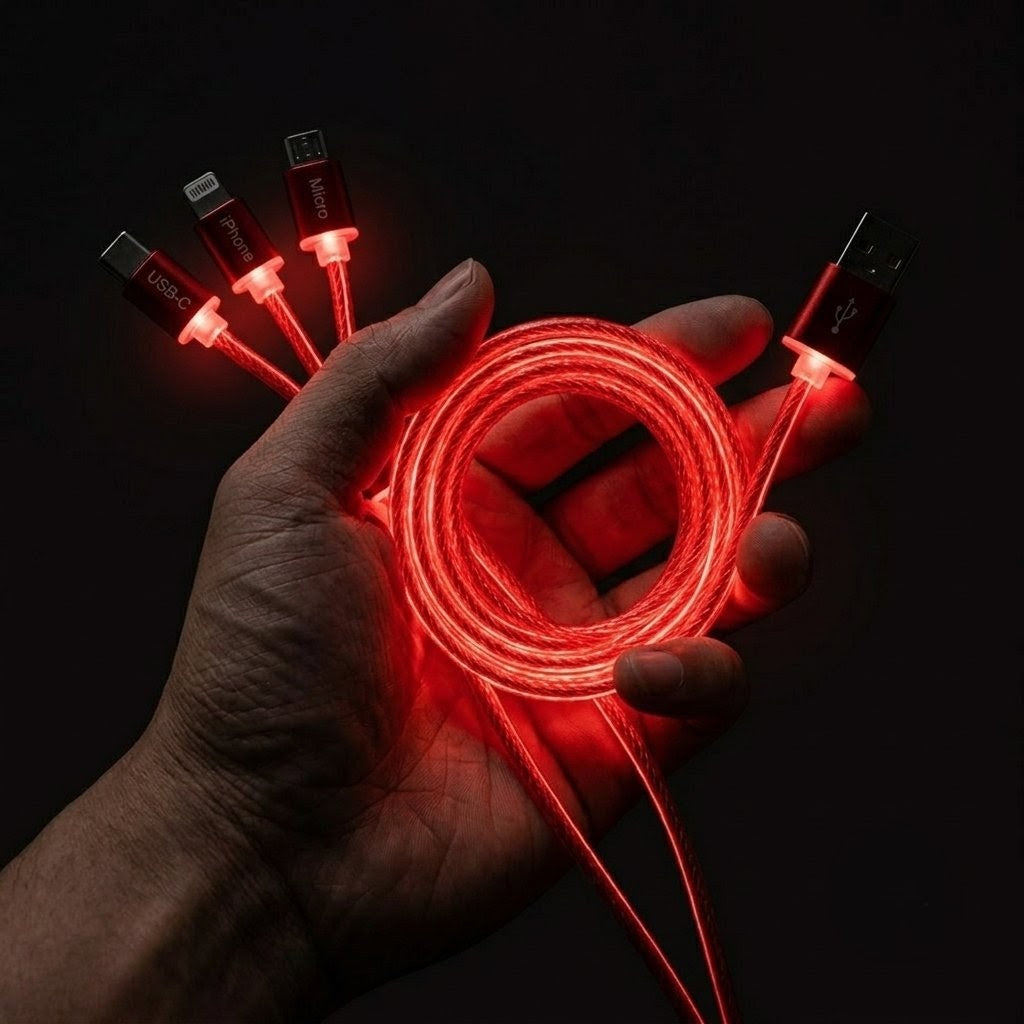 Light your way

LED Cable
3-in-1 ⚡ Charges iPhone + Android + Micro USB simultaneously. With LED light.