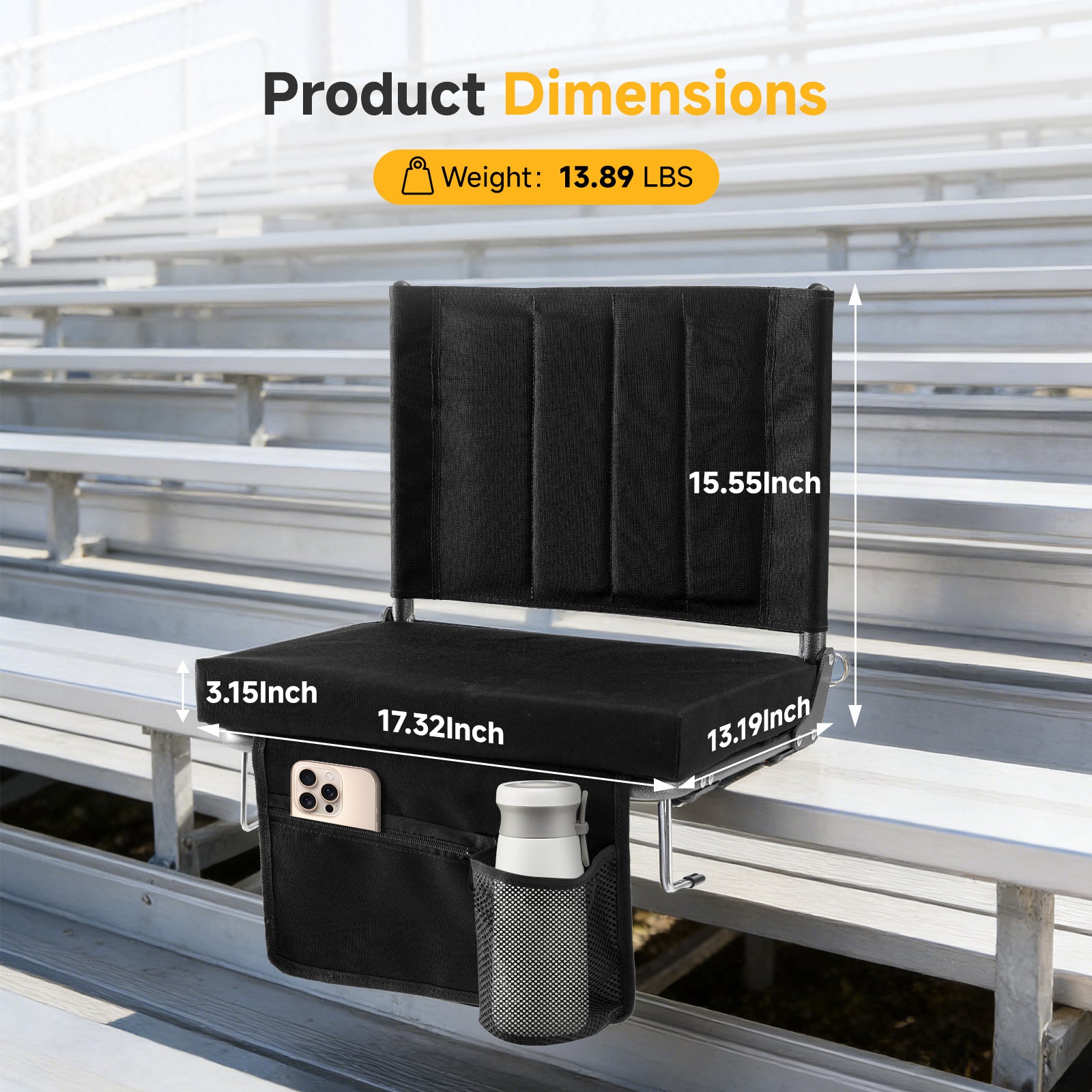 Portable stadium chair with mesh storage pockets and non-slip base