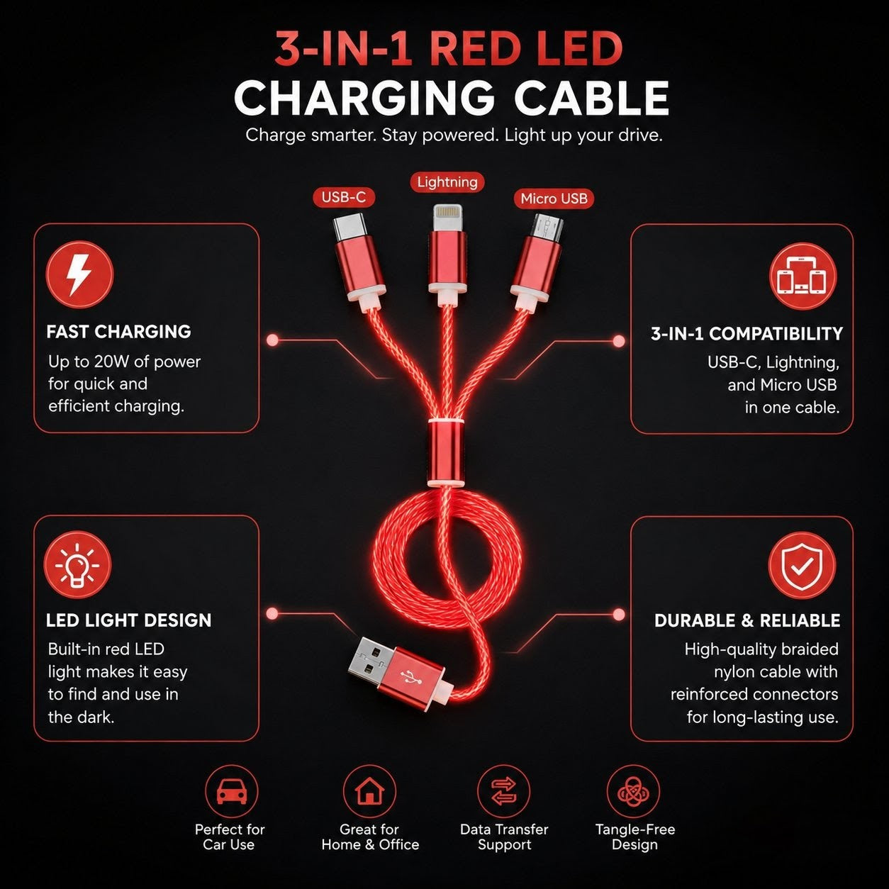 Light your way

LED Cable
3-in-1 ⚡ Charges iPhone + Android + Micro USB simultaneously. With LED light.