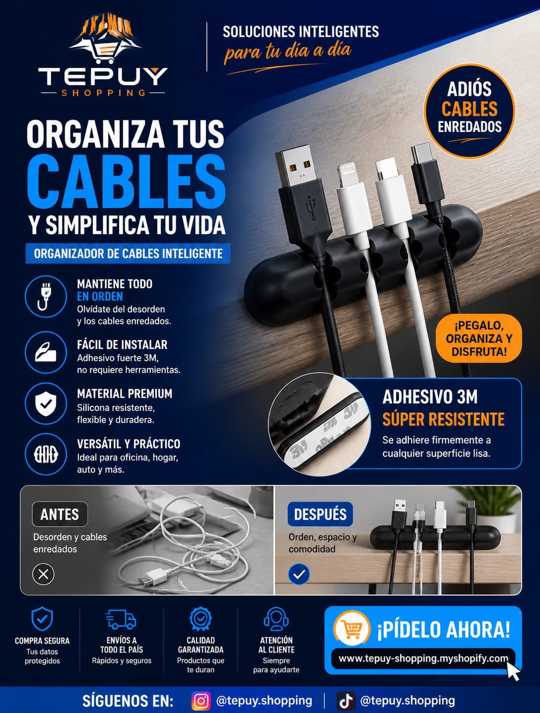 Organizador de Cables Inteligente - Mantén tu espacio limpio y ordenado