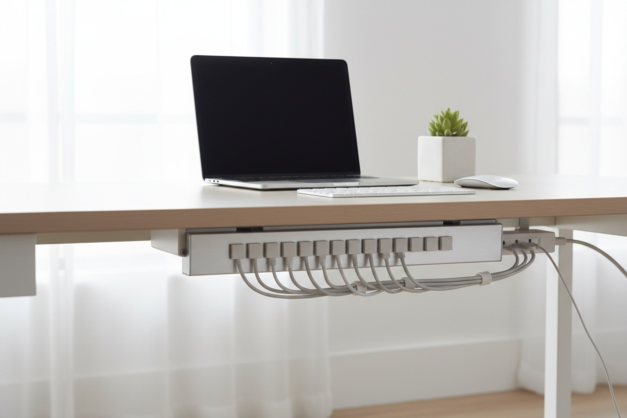 Organizador de cables en escritorio minimalista y ordenado