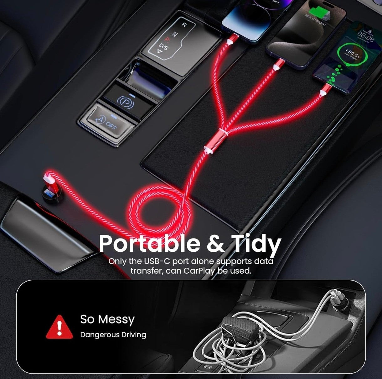 Tepuy® 3-in-1 LED Fast Charging Cable – USB-C, Micro USB & iPhone | Glowing Charger Cord