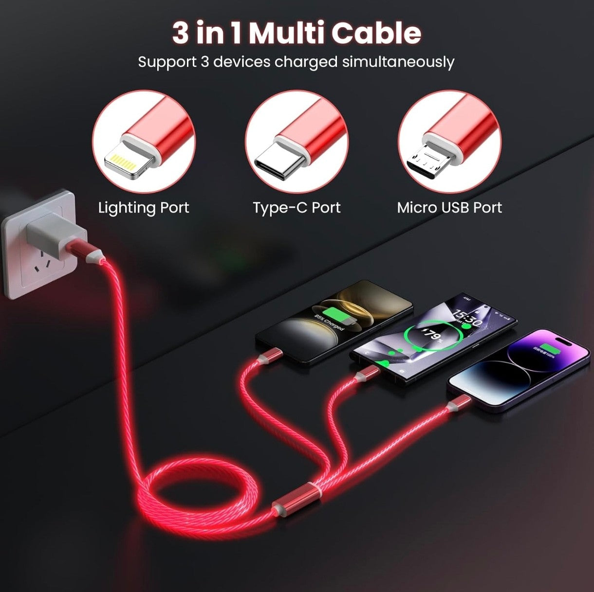 Tepuy® 3-in-1 LED Fast Charging Cable – USB-C, Micro USB & iPhone | Glowing Charger Cord