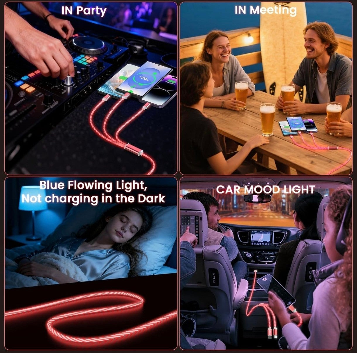 Tepuy® 3-in-1 LED Fast Charging Cable – USB-C, Micro USB & iPhone | Glowing Charger Cord