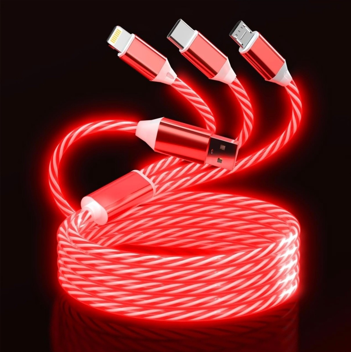 Tepuy® 3-in-1 LED Fast Charging Cable – USB-C, Micro USB & iPhone | Glowing Charger Cord