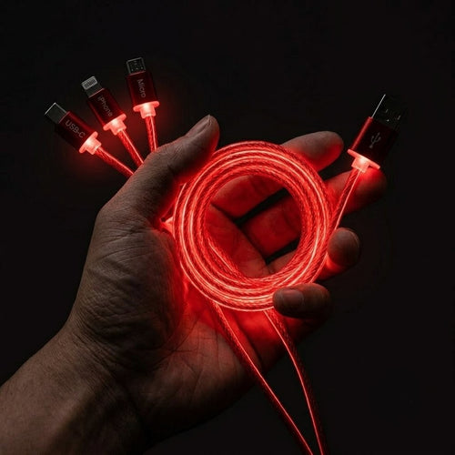 Light your way

LED Cable
3-in-1 ⚡ Charges iPhone + Android + Micro USB simultaneously. With LED light.
